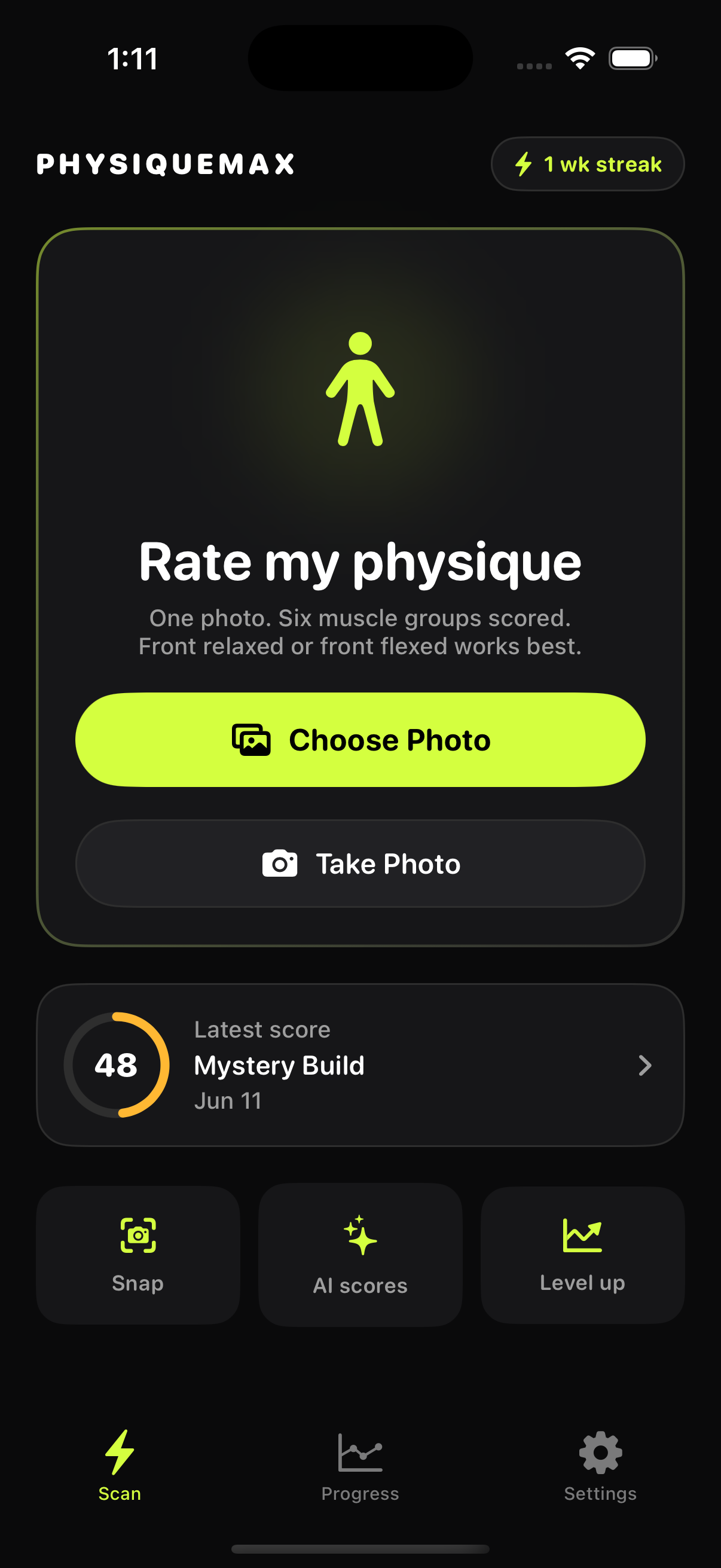 PhysiqueMax guided scan screen