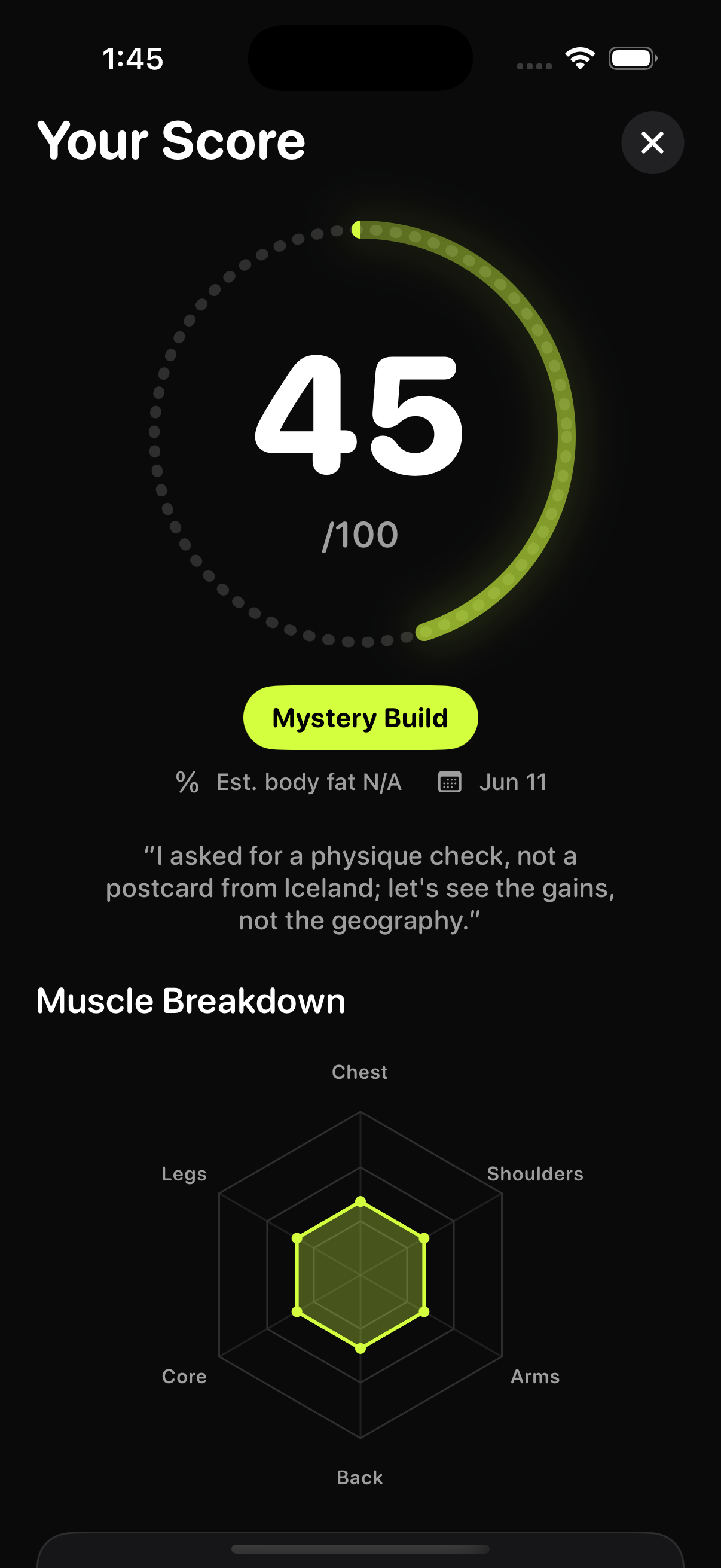 PhysiqueMax score reveal screen